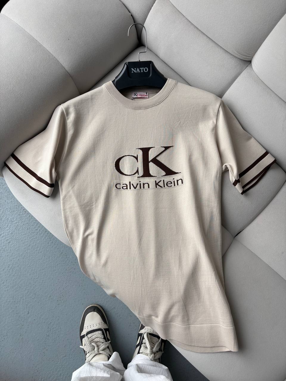 Calvin Klein Bej Bisiklet Yaka Yazlık Triko