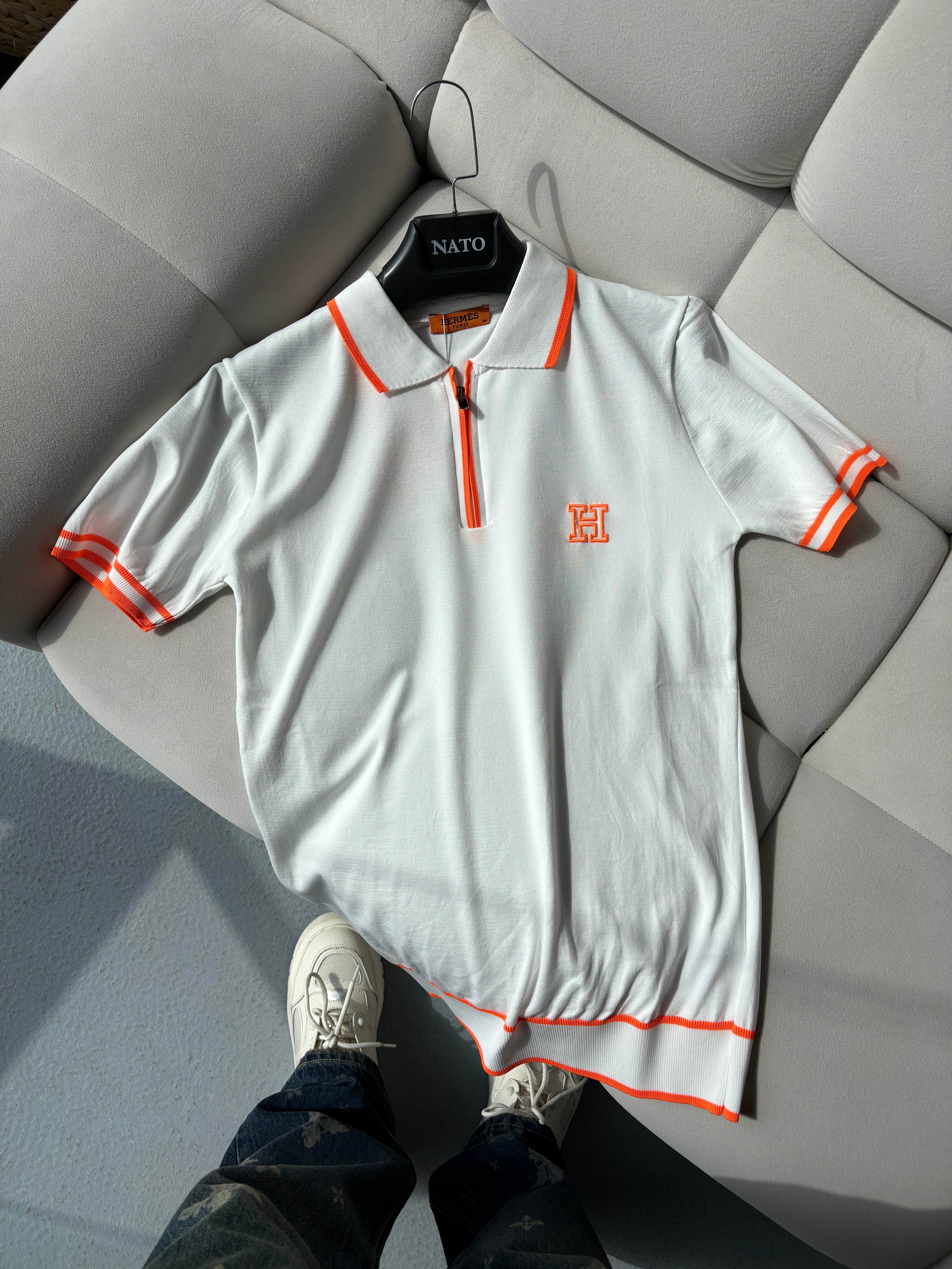 Hermes Beyaz Polo Yaka Yazlık Triko